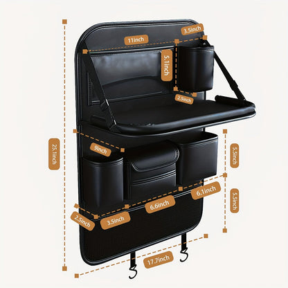 Car Seat Back Organizer PU Leather – Multifunctional Back Seat Storage Bag with Foldable Dining Table, Cup Holder & Travel Pockets, Universal Fit for Cars SUVs Trucks, Road Trip Accessories
