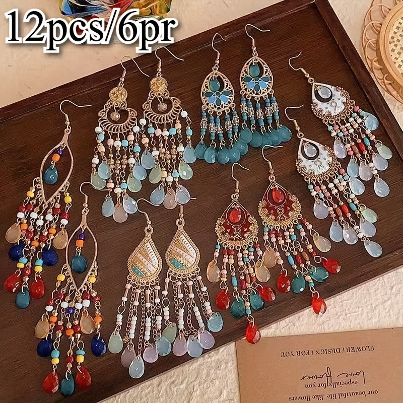 6-Pair Bohemian Tassel Earrings Set for Women – Vintage Beaded Dangle Earrings with Teardrop & Round Beads, Multicolor Boho Statement Jewelry, Lightweight Alloy Hoops for Parties & Vacations