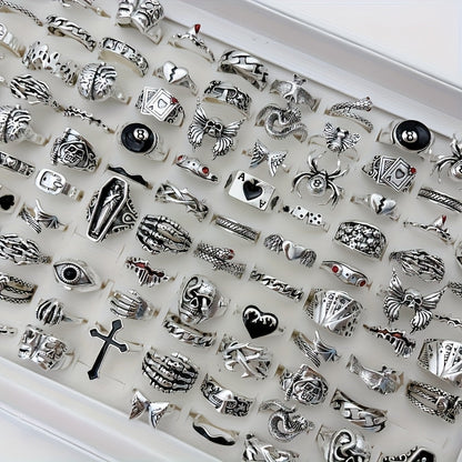 24pcs Retro Punk Ring Set for Women Men – Dark Style Spider Skull Cross Vintage Gothic Rings, Adjustable Stackable Jewelry for Daily Wear, Party, Halloween & Gift
