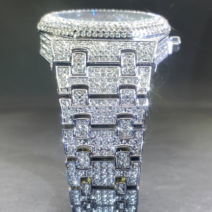 MISS FOX Glam Quartz Watch – Hip Hop Cuban Link, Rhinestone Accents, Luminous Calendar, Alloy Band, Unisex Luxury Fashion Watch for Men & Women, Silver & Gold