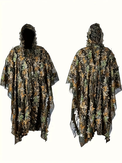 3D Maple Leaf Camouflage Ghillie Suit with Net Hood - One Size Fits S-XL Camo Hunting Suit for Deer Turkey Hunting Bird Watching Airsoft Paintball Survival Games Wildlife Photography (Fern Green)