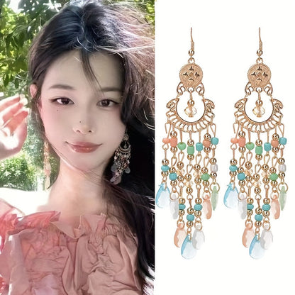 6-Pair Bohemian Tassel Earrings Set for Women – Vintage Beaded Dangle Earrings with Teardrop & Round Beads, Multicolor Boho Statement Jewelry, Lightweight Alloy Hoops for Parties & Vacations