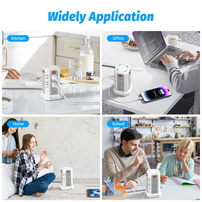 Power Strip Tower 16 AC Outlets 5 USB Ports USB-C PD20W 1500J Surge Protector Flat Plug Desktop Extension Cord