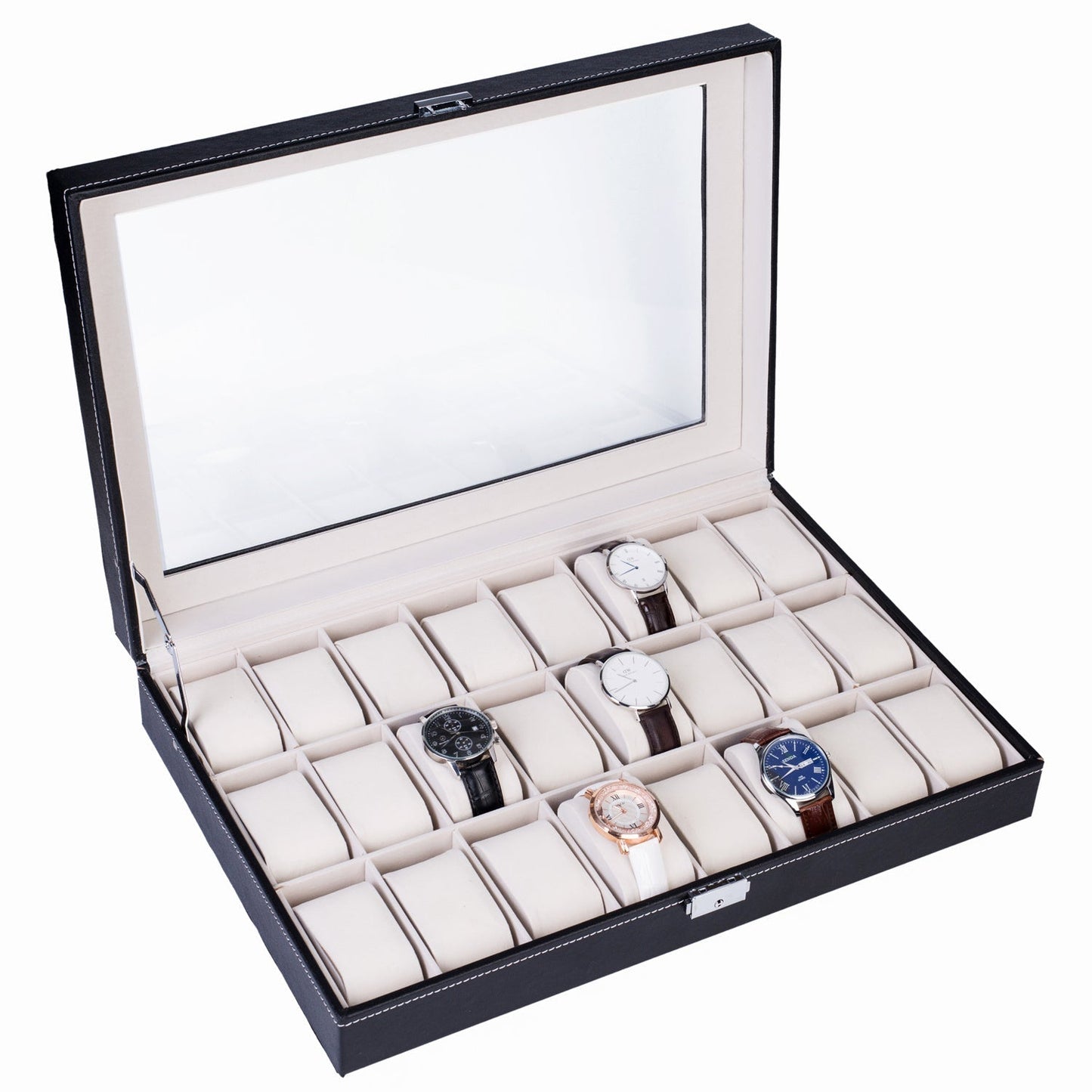 24-Slot Leather Watch Box Organizer – Large Capacity Watch Display Case with Top-Opening Lid, Lockable Storage for Men & Women, Elegant Black PU Leather Watch Collector Gift