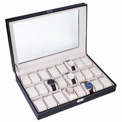 24-Slot Leather Watch Box Organizer – Large Capacity Watch Display Case with Top-Opening Lid, Lockable Storage for Men & Women, Elegant Black PU Leather Watch Collector Gift