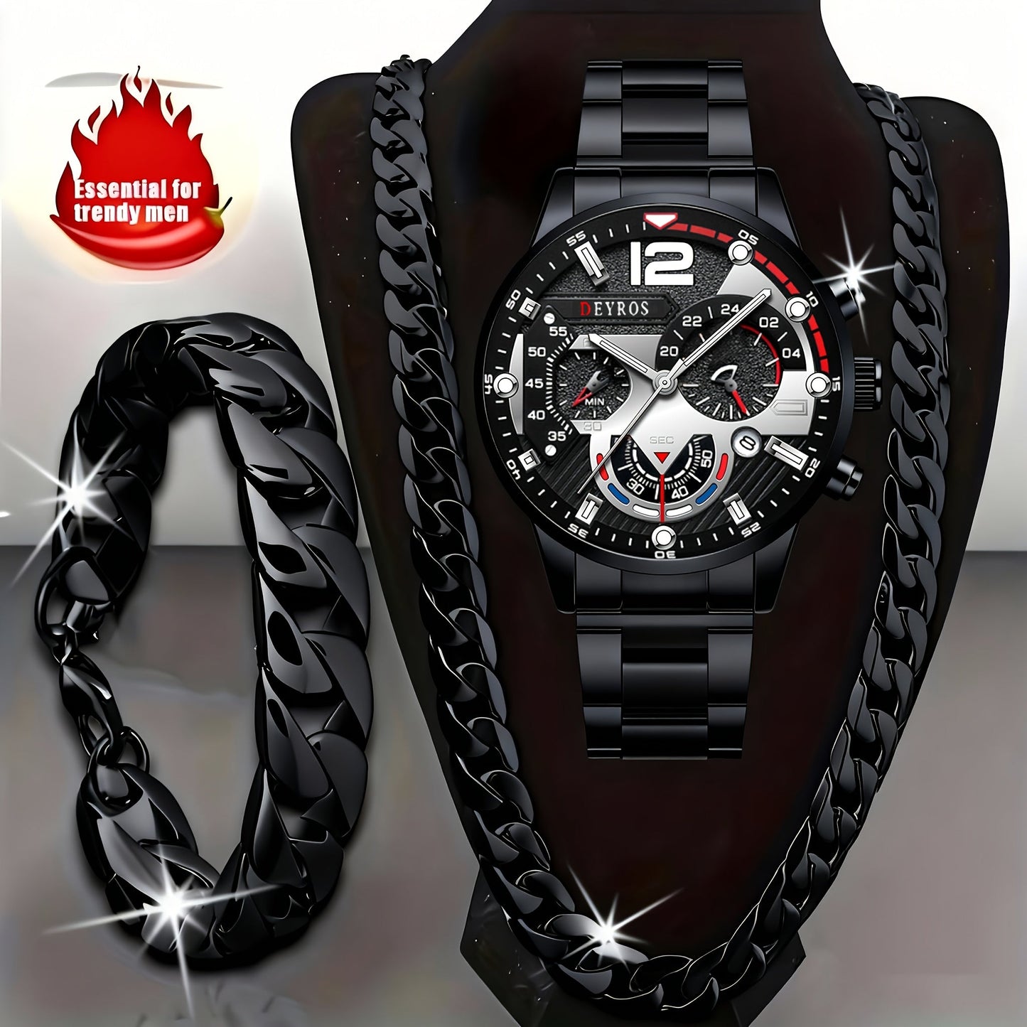 Men's 3pcs Watch Necklace Bracelet Set Luxury Analog Quartz Wristwatch Matching Jewelry Combo for Daily Wear Gift for Him Silver Gold Black