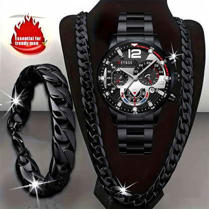 Men's 3pcs Watch Necklace Bracelet Set Luxury Analog Quartz Wristwatch Matching Jewelry Combo for Daily Wear Gift for Him Silver Gold Black