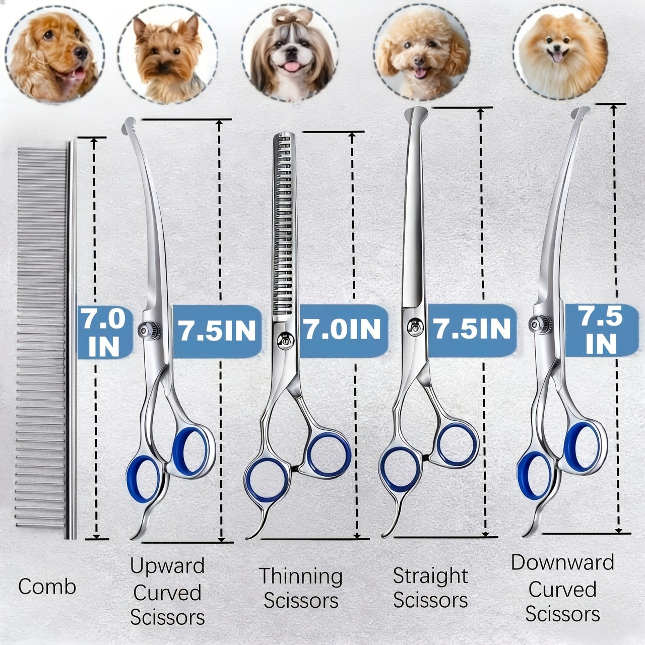 7-Piece Pet Grooming Scissors Set – Ceramic-Coated 4CR Stainless Steel, Safety Round Tips, Straight Thinning & Curved Shears with Comb & Storage Bag for Dogs Cats All Breeds