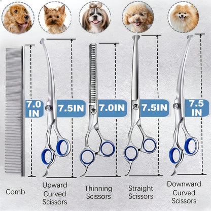 7-Piece Pet Grooming Scissors Set – Ceramic-Coated 4CR Stainless Steel, Safety Round Tips, Straight Thinning & Curved Shears with Comb & Storage Bag for Dogs Cats All Breeds