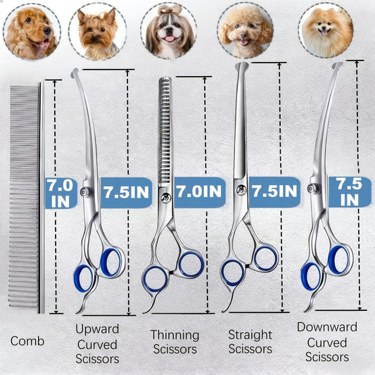 7-Piece Pet Grooming Scissors Set – Ceramic-Coated 4CR Stainless Steel, Safety Round Tips, Straight Thinning & Curved Shears with Comb & Storage Bag for Dogs Cats All Breeds