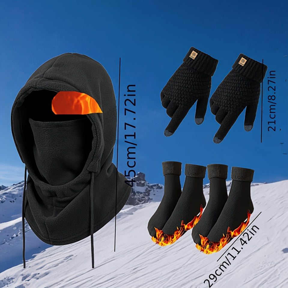 Winter Thermal Set 3/4pcs Windproof Face Mask Touchscreen Gloves Thick Fleece Socks Cold Weather Gear for Snowboarding Skiing Hiking Ice Fishing – Lightweight Warm Outdoor Accessories Bundle