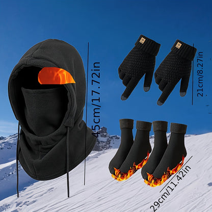 Winter Thermal Set 3/4pcs Windproof Face Mask Touchscreen Gloves Thick Fleece Socks Cold Weather Gear for Snowboarding Skiing Hiking Ice Fishing – Lightweight Warm Outdoor Accessories Bundle