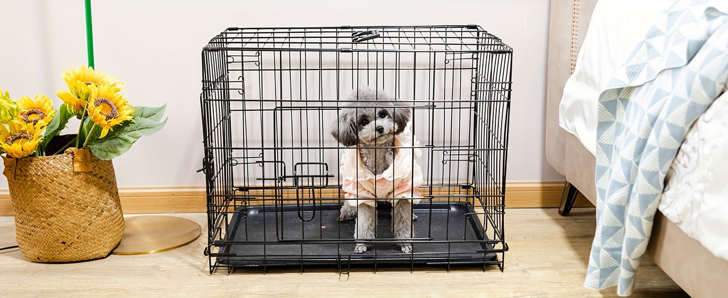 Folding Metal Wire Dog Crate Double Door with Divider Panel Leak-Proof Pan Tray Pet Kennel Indoor Outdoor Travel Small Medium Large XL Dogs 4 Sizes