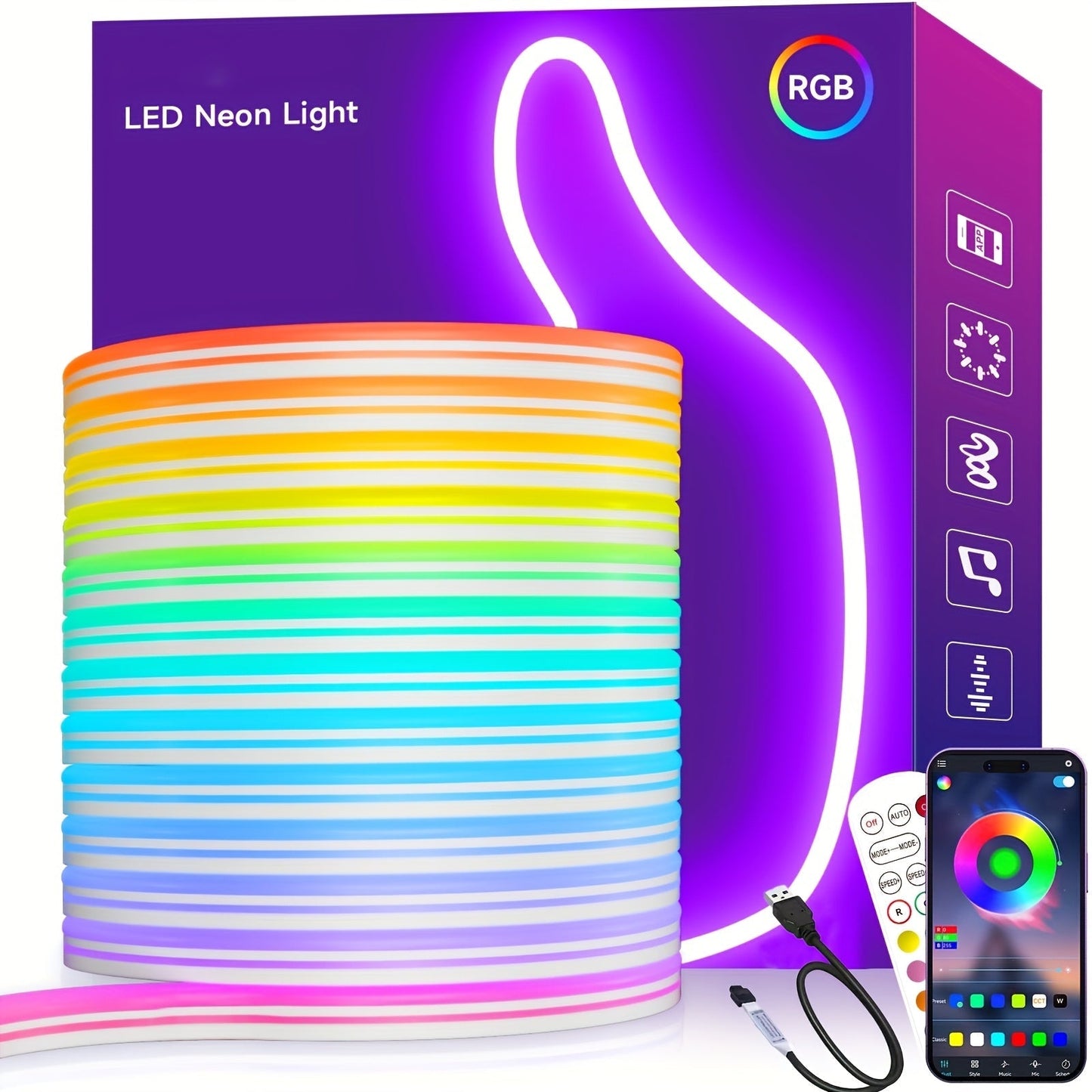 RGB LED Neon Rope Light IP65 Waterproof – App & Remote Control, Music Sync Color-Changing Silicone Strip 3.2ft/9.8ft/16.4ft for Gaming, Bedroom, Indoor & Outdoor Decoration
