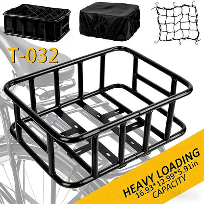 Heavy-Duty Iron Bike Basket – Large, Folding & Basic Removable Rear Bicycle Basket for Most Bikes & E-Bikes, Frame Mount, Black – for Groceries, Pets & Daily Commuting