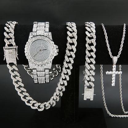 5-Piece Luxury Watch & Jewelry Set for Men & Women – Quartz Wristwatch, Cuban Link Necklace, Bracelet, Ring & Cross Pendant, Perfect Christmas Gift in Gold & Silver