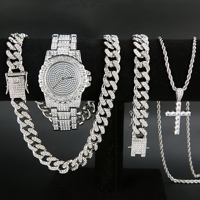 5-Piece Luxury Watch & Jewelry Set for Men & Women – Quartz Wristwatch, Cuban Link Necklace, Bracelet, Ring & Cross Pendant, Perfect Christmas Gift in Gold & Silver