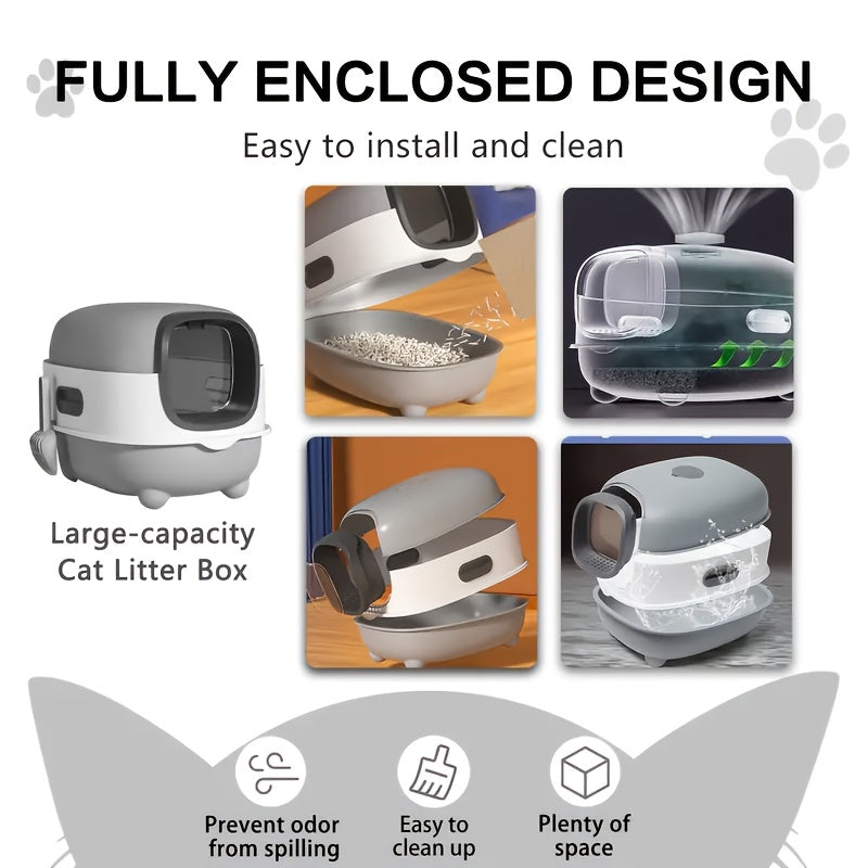Covered Cat Litter Box – Spacious Fully Enclosed Design with Scoop, Spill Prevention & Odor Control, Easy to Clean & Store, Ideal for All Cats
