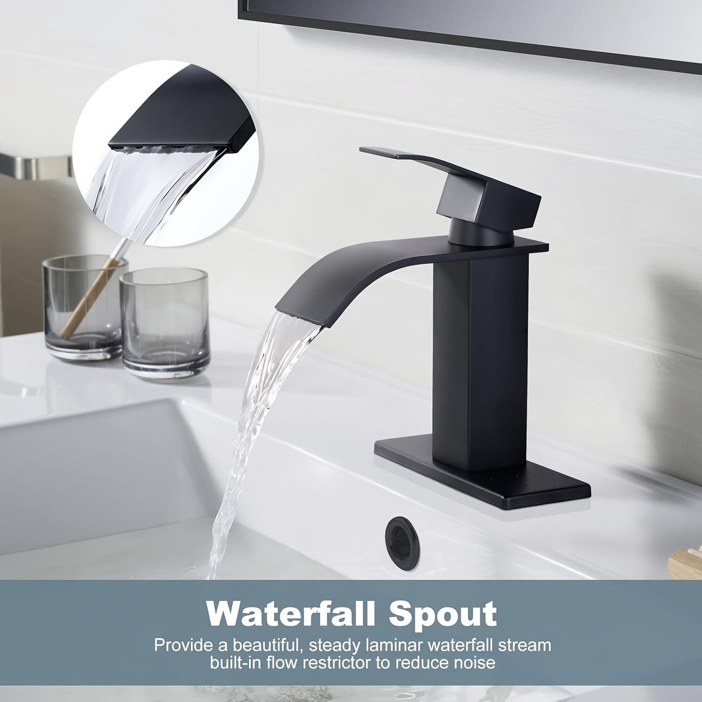 Waterfall Bathroom Sink Faucet Single Handle Hot & Cold - Universal 1 or 3 Hole Countertop Mount, RV Vanity Faucet with Water Supply Hose, Modern Design in Black, Black Gold & Silver