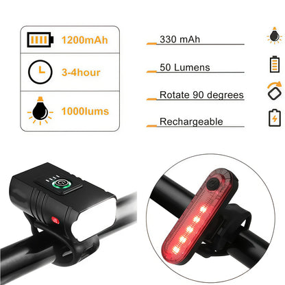 Super Bright USB Rechargeable Bike Light Set – LED Front Headlight 1200mAh & Rear Taillight 330mAh, 6+4 Modes, 180° Wide Beam, Safety Bell Included, for Mountain Road & Night Cycling