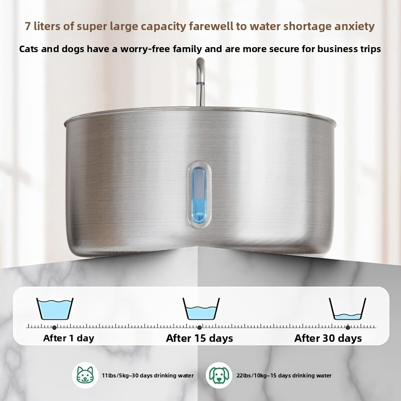 Stainless Steel Pet Water Fountain 236oz 7L Automatic Cat & Dog Water Dispenser with Replacement Filters USB Powered Water Level Window – FT007 Model