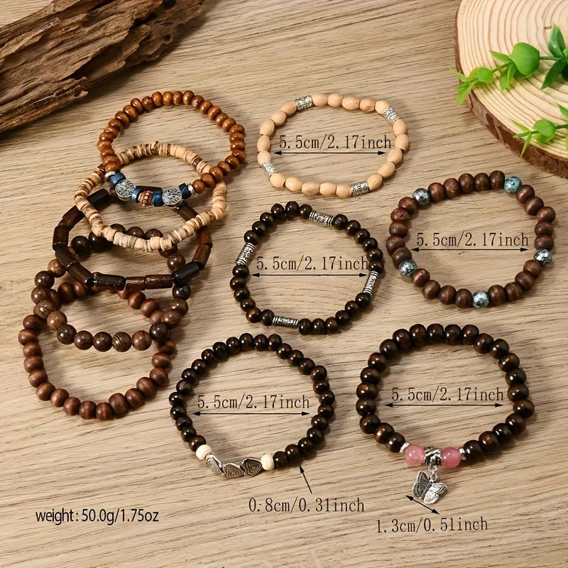 36-Pack Assorted Boho Wooden Beaded Bracelets for Women & Men – Handmade Vintage Style with Zinc Alloy Charms, Bulk Jewelry Set for Gifts & Party Favors