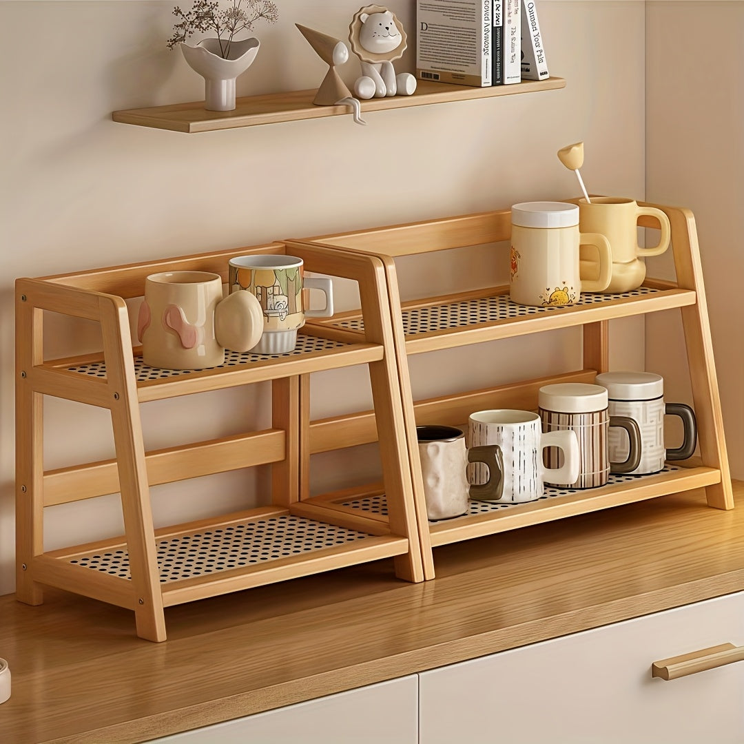 2-Tier Wooden Countertop Shelf Organizer Vintage Trapezoidal Design, Bamboo Desktop Storage Rack for Kitchen Office Bedroom, Space-Saving Counter Shelf for Coffee Cups Books Decor – 1 or 2 Pack, Large & Medium