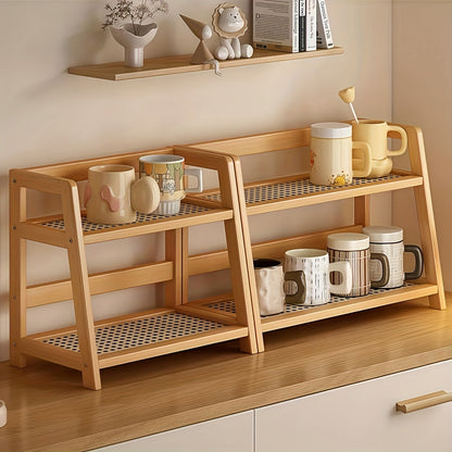2-Tier Wooden Countertop Shelf Organizer Vintage Trapezoidal Design, Bamboo Desktop Storage Rack for Kitchen Office Bedroom, Space-Saving Counter Shelf for Coffee Cups Books Decor – 1 or 2 Pack, Large & Medium