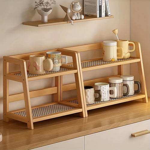 2-Tier Wooden Countertop Shelf Organizer Vintage Trapezoidal Design, Bamboo Desktop Storage Rack for Kitchen Office Bedroom, Space-Saving Counter Shelf for Coffee Cups Books Decor – 1 or 2 Pack, Large & Medium