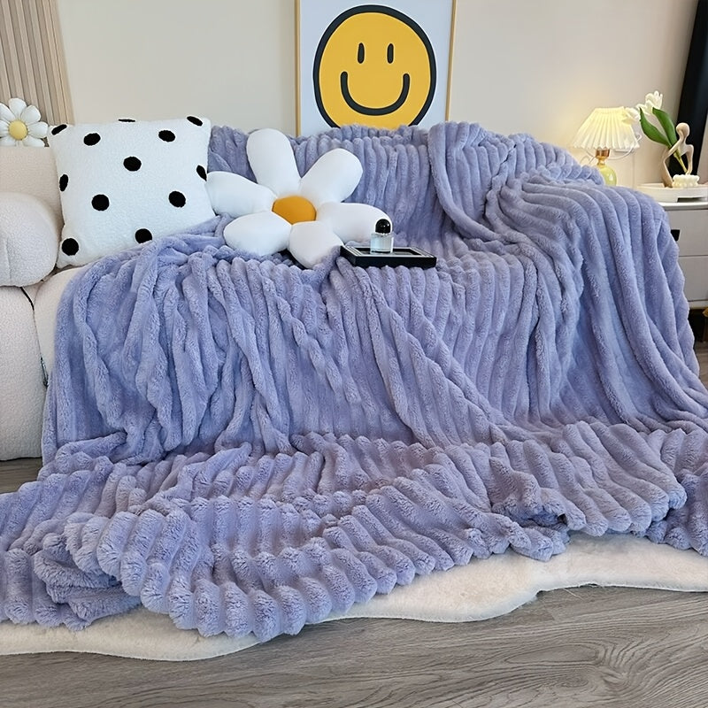 Fleece Throw Blanket Ultra-Soft 3D Faux Rabbit Fur Double-Sided – All-Season Cozy Blanket for Bed Sofa Travel Camping | 7 Colors 4 Sizes White Dark Gray Pink Khaki Purple Grey