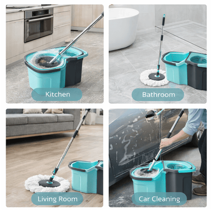 360° Spin Mop and Bucket Set with Wringer – Microfiber Mop Refills, Stainless Steel Extended Handle, Separate Compartment, Floor Cleaning System