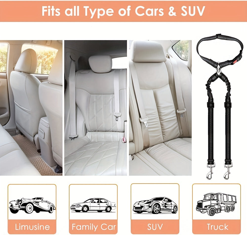 Dual Dog Car Seat Belt for 2 Dogs No-Tangle Headrest Restraint Adjustable Bungee Pet Safety Harness for Small Medium Large Dogs Car Travel