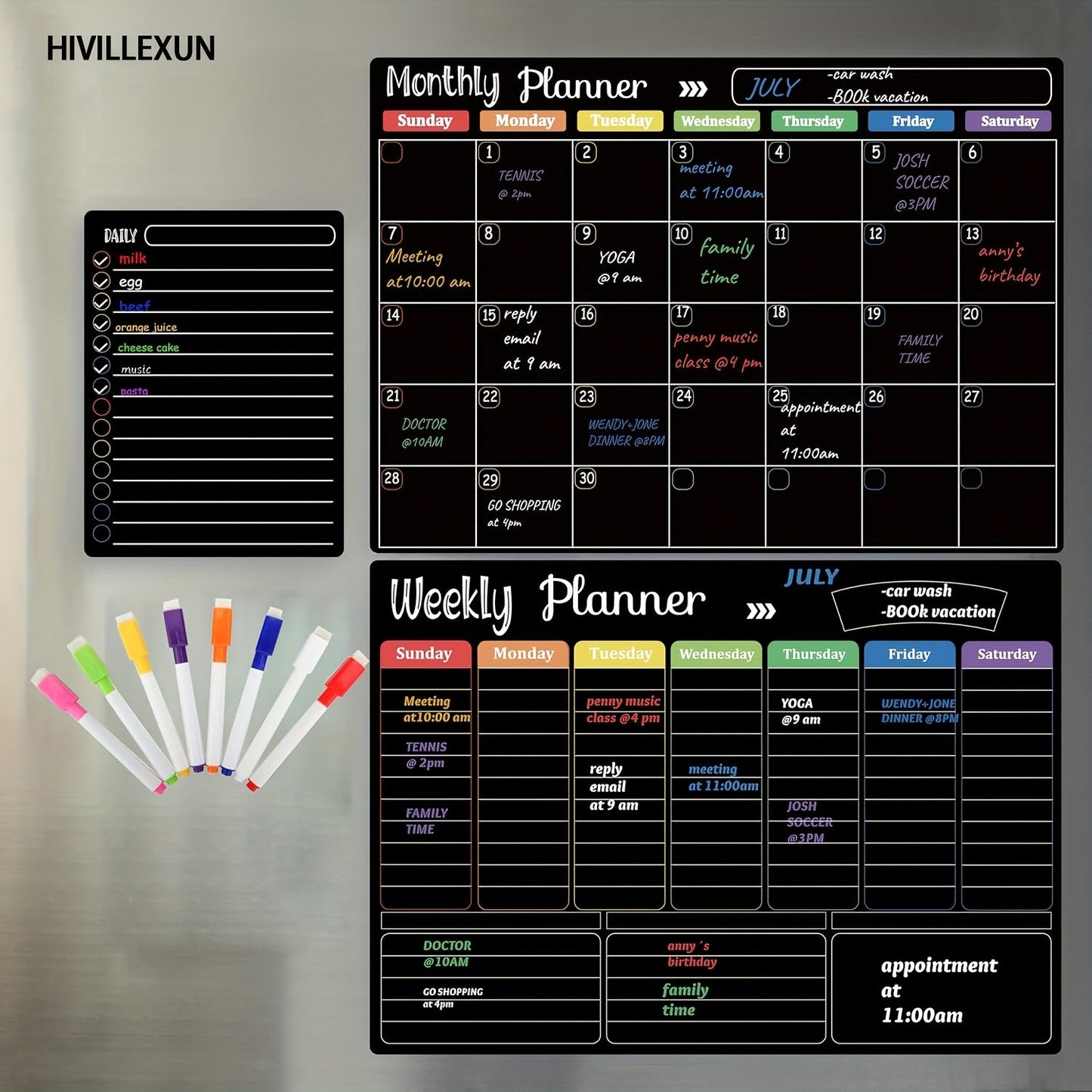 Black Magnetic Dry Erase Board Set 3-Pack – Monthly Weekly Daily Planner Boards for Fridge & Wall, Family Organizer Calendar with 8 Dry Erase Markers, Home Office Kitchen School