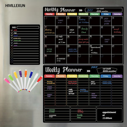 Black Magnetic Dry Erase Board Set 3-Pack – Monthly Weekly Daily Planner Boards for Fridge & Wall, Family Organizer Calendar with 8 Dry Erase Markers, Home Office Kitchen School
