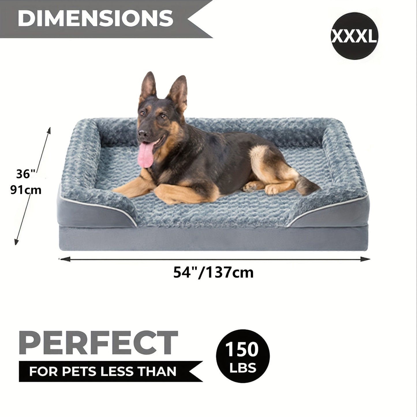 Orthopedic Dog Bed Extra Large Washable – C-Shape Memory Foam Sofa with Removable Cover, Nonskid Bottom & Bolster Support for Large & Giant Dogs, Grey