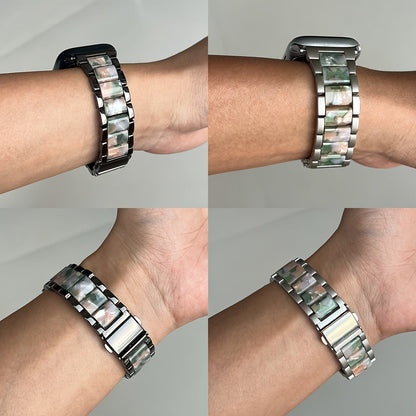 Apple Watch Band Women 42 44 45 46 49mm Stainless Steel Resin Starlight Rainbow Replacement Strap for iWatch Series 3-11 SE Ultra 1 2 3 – Work Office Fitness Party
