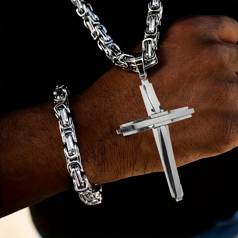 Stainless Steel Cross Necklace and Bracelet Set Unisex Boho Vintage Thickened Silver Jewelry Set for Men and Women Daily Wear Party Gift