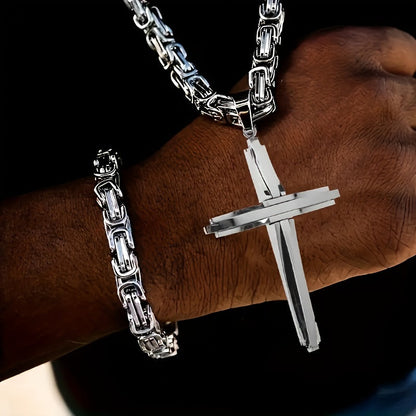 Stainless Steel Cross Necklace and Bracelet Set Unisex Boho Vintage Thickened Silver Jewelry Set for Men and Women Daily Wear Party Gift