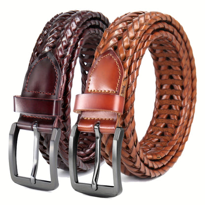 Men's Leather Braided Belt 2 Pack - Casual Dress Belt for Golf Pants Jeans Everyday Wear Zinc Alloy Buckle Multiple Colors Sizes 34-50