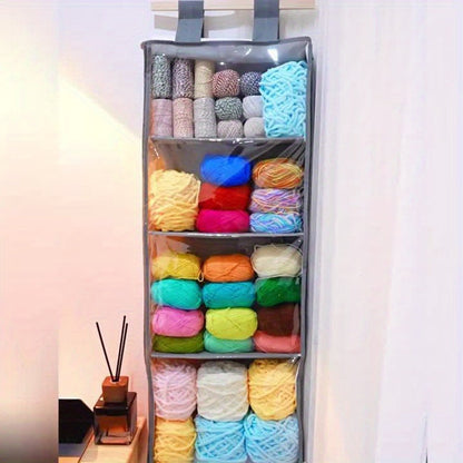 Hanging Yarn Storage Bag with 4 Large Pockets – Transparent Zipper Knitting & Crochet Organizer, Door Hook Rack, Double-Layer Fabric, Keeps Skeins & Hooks Organized | Velora