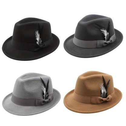 Short Brim Felt Fedora Hat for Men & Women – Classic Feather Panama Dress Hat in 7 Colors, Black Brown Navy Red Gray Coffee, Unisex Jazz Cap for Formal Casual Daily Wear
