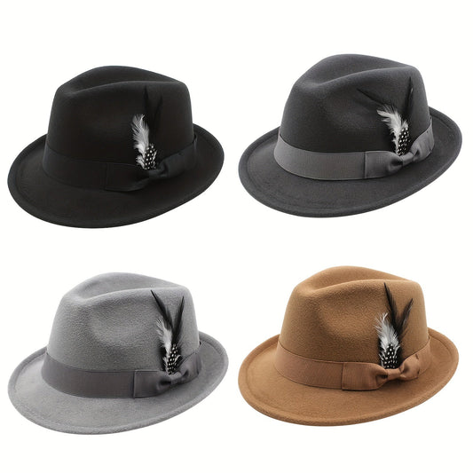 Short Brim Felt Fedora Hat for Men & Women – Classic Feather Panama Dress Hat in 7 Colors, Black Brown Navy Red Gray Coffee, Unisex Jazz Cap for Formal Casual Daily Wear