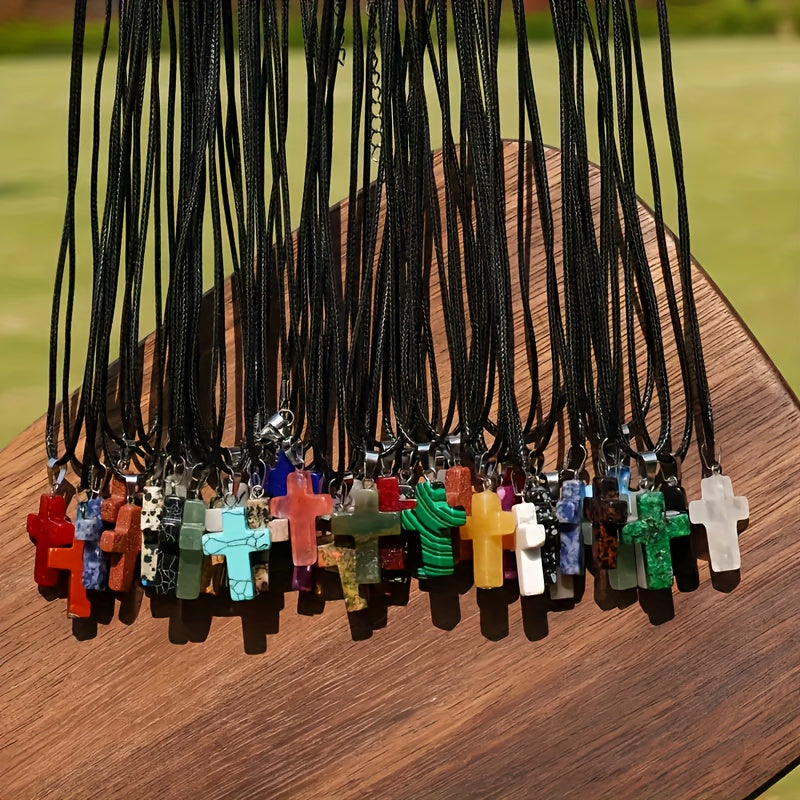 50-Piece Natural Stone Cross Pendant DIY Jewelry Making Set – 25 Mixed Gemstone Cross Pendants & 25 Adjustable Black Faux Leather Necklaces, Bulk Craft Supplies for Necklaces, Bracelets & Earrings