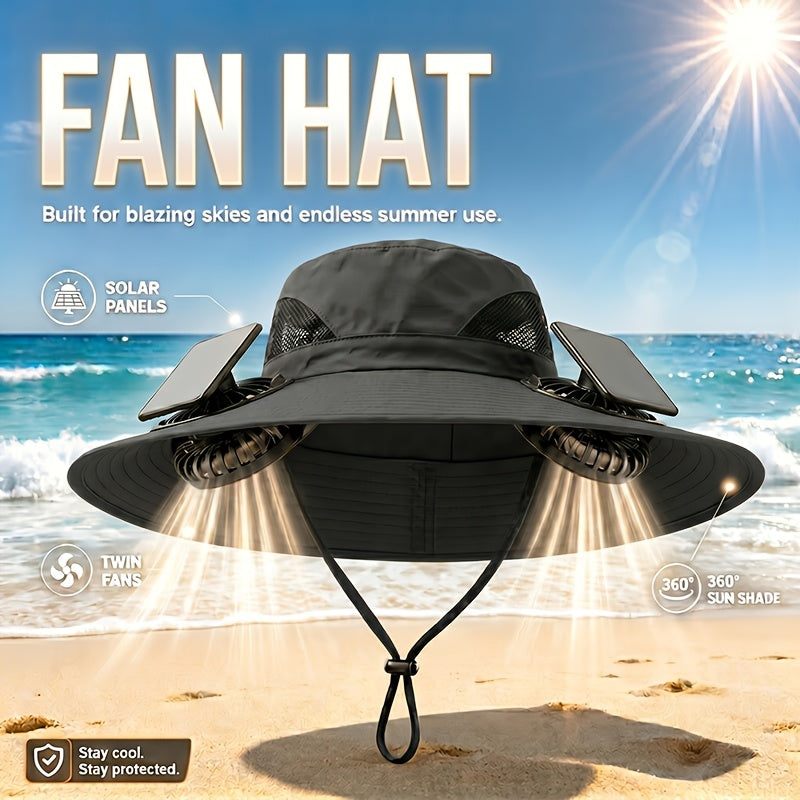 Solar Powered Cooling Fan Wide Brim Sun Hat – 2 Built-In Solar Fans, Adjustable Wind Speed, Breathable Mesh, UV Protection Outdoor Hat with Chin Strap for Fishing, Camping & Travel