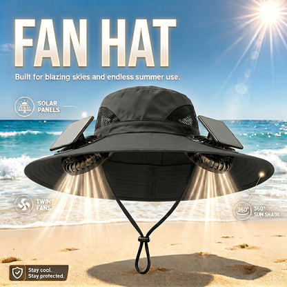 Solar Powered Cooling Fan Wide Brim Sun Hat – 2 Built-In Solar Fans, Adjustable Wind Speed, Breathable Mesh, UV Protection Outdoor Hat with Chin Strap for Fishing, Camping & Travel