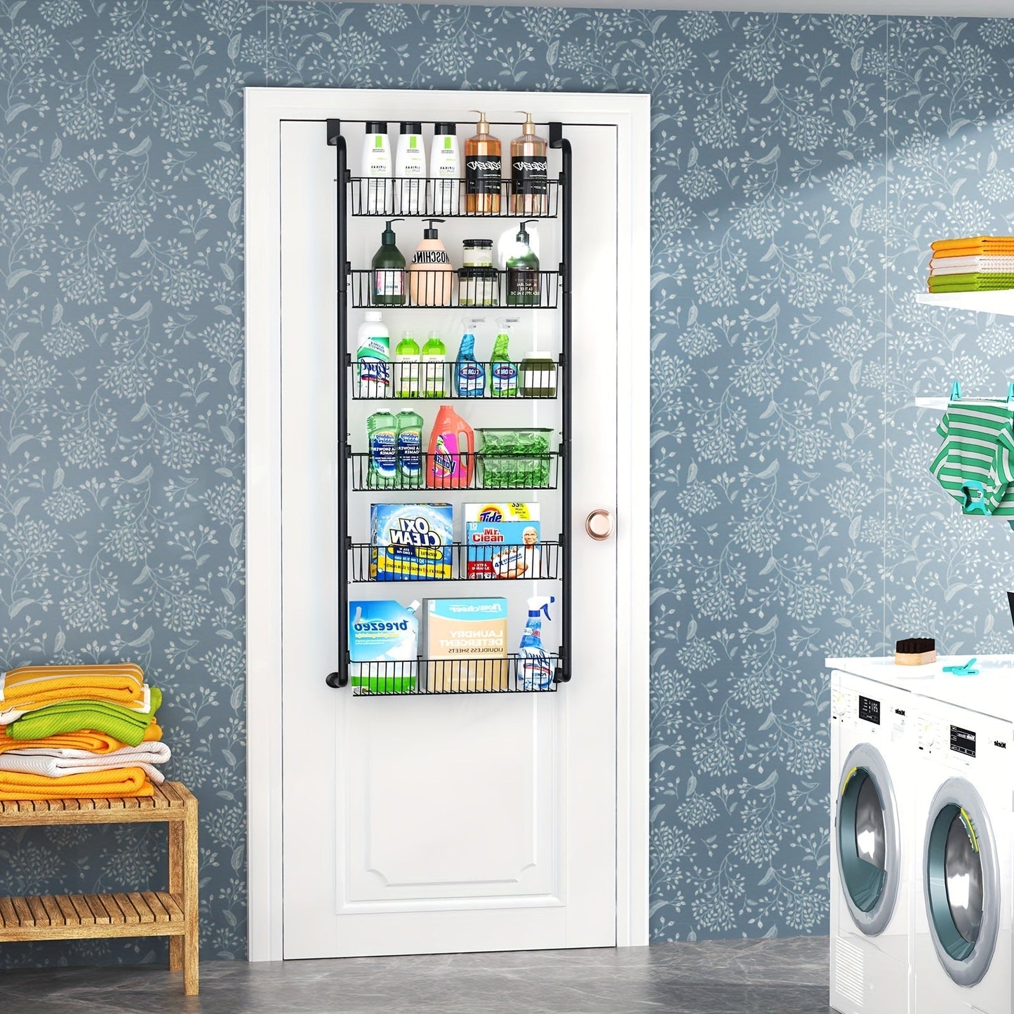 Over the Door Pantry Organizer 6 or 8 Shelf - Heavy-Duty Metal Hanging Storage Rack for Kitchen, Bathroom & Laundry Room, Space-Saving Spice & Food Organizer, Black or White