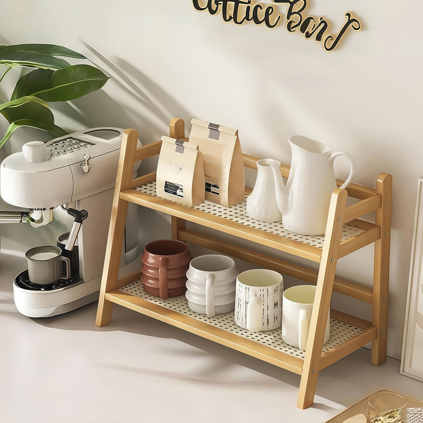 2-Tier Wooden Countertop Shelf Organizer Vintage Trapezoidal Design, Bamboo Desktop Storage Rack for Kitchen Office Bedroom, Space-Saving Counter Shelf for Coffee Cups Books Decor – 1 or 2 Pack, Large & Medium