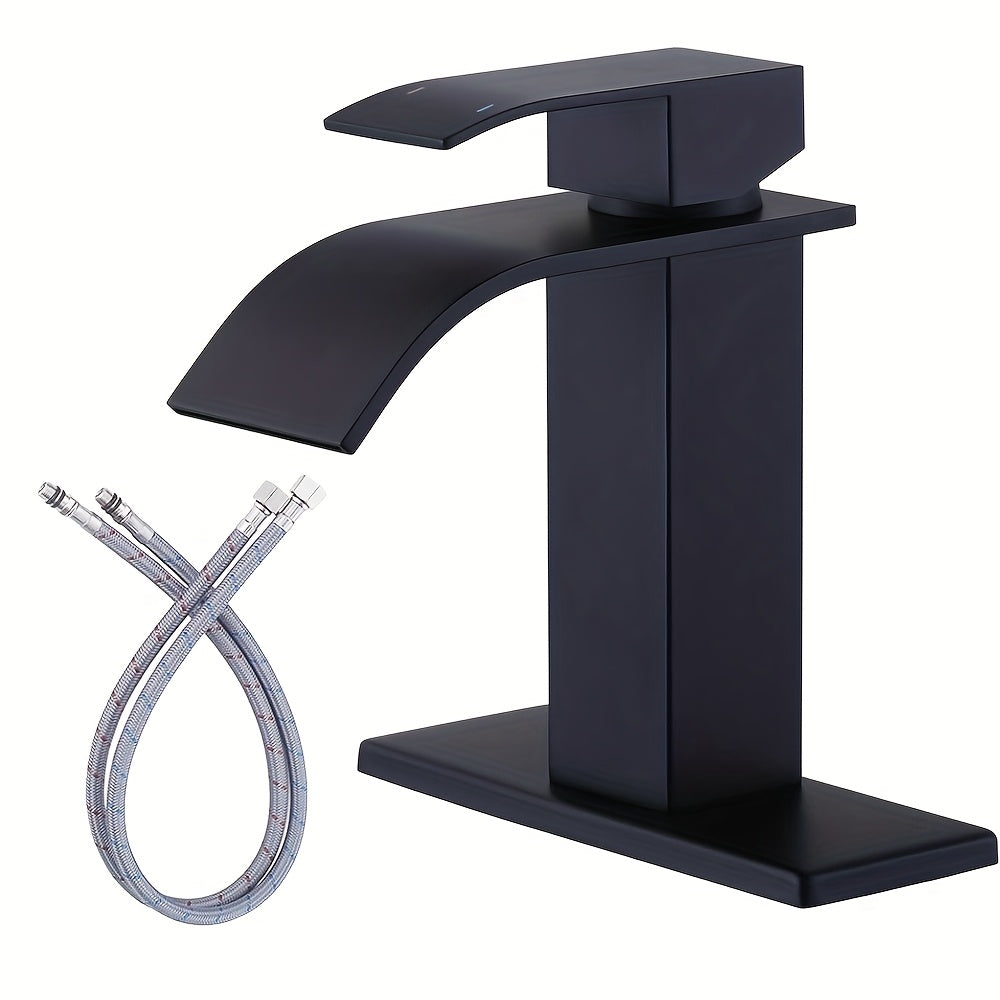 Waterfall Bathroom Sink Faucet Single Handle Hot & Cold - Universal 1 or 3 Hole Countertop Mount, RV Vanity Faucet with Water Supply Hose, Modern Design in Black, Black Gold & Silver