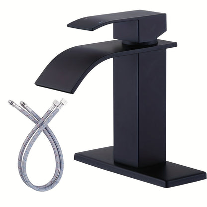 Waterfall Bathroom Sink Faucet Single Handle Hot & Cold - Universal 1 or 3 Hole Countertop Mount, RV Vanity Faucet with Water Supply Hose, Modern Design in Black, Black Gold & Silver