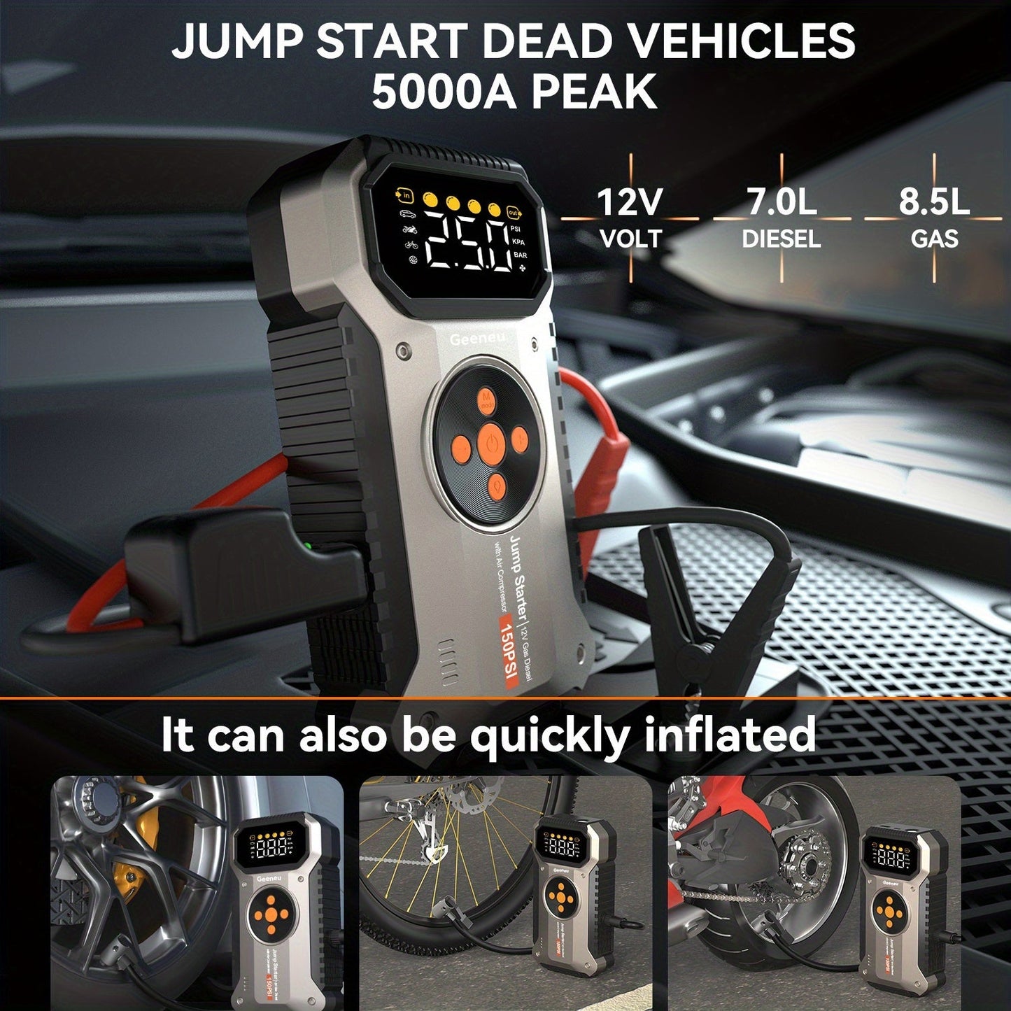 5000A Car Jump Starter with 150PSI Air Compressor – 12000mAh Portable Battery Booster Pack, Digital Tire Inflator, USB-C & USB-A, LED Emergency Light for 12V Gas & Diesel Engines